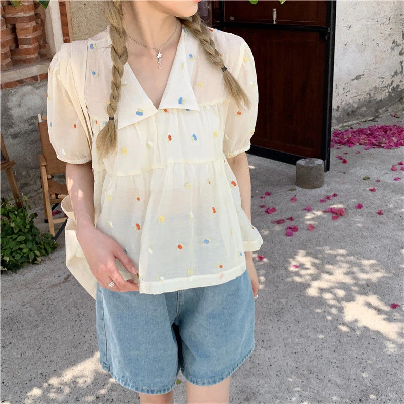 MEXZT Sweet Shirts Women Kawaii Cute Print V Neck Puff Short Sleeve Blouse Student Korean Fashion Embroidery Loose Casual Top