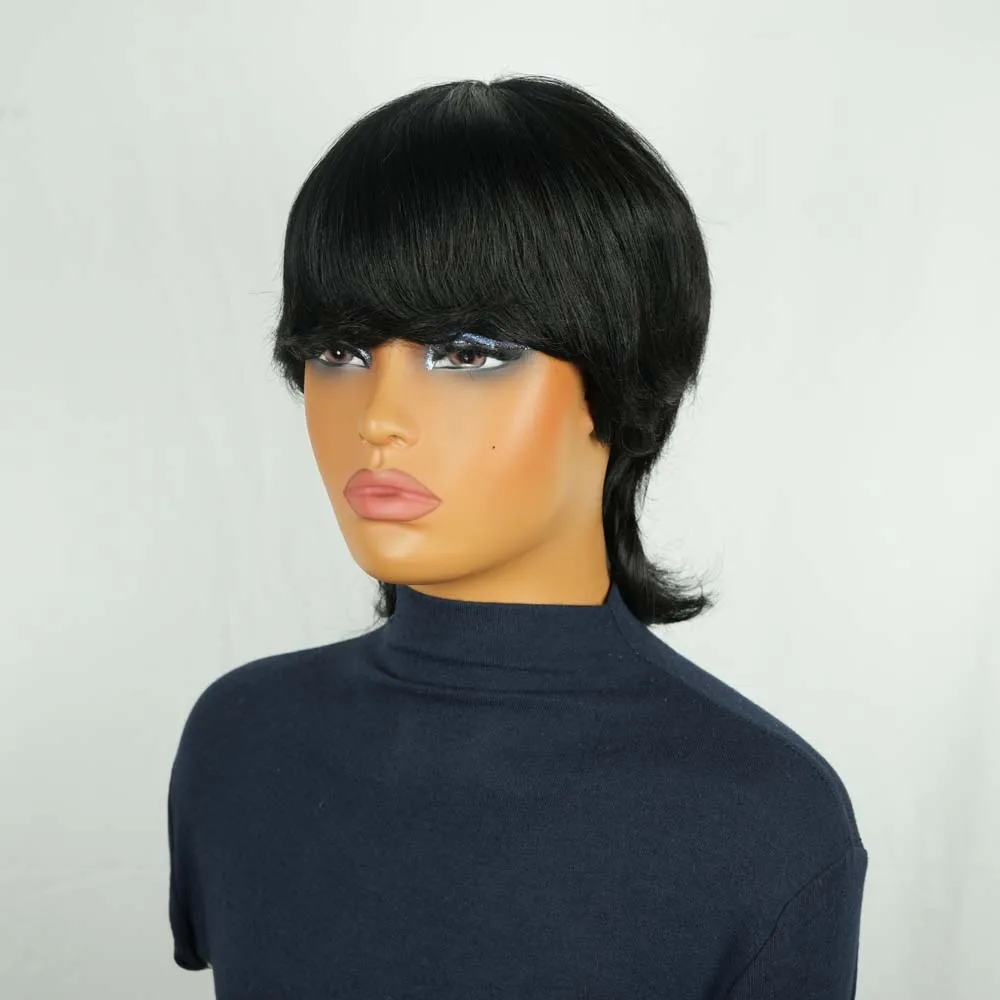 Parrucca Pixie Cut Capelli umani per donne nere con frangia Parrucca corta a strati nera naturale diritta completa fatta a macchina