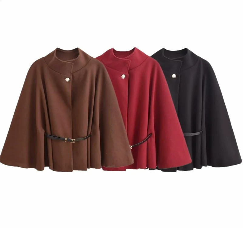 

AzaleeKa Short Cape Coat Women Faux Wool & Blends Coats For Woman Spring Long Sleeve Cloak Jacket Belt Burgundy Brown Black Coat
