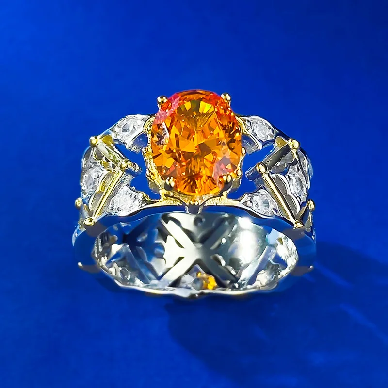 S925 sterling silver, European, American, Italian craftsmanship, palace retro 7 * 9mm Fanta orange ring, luxurious style