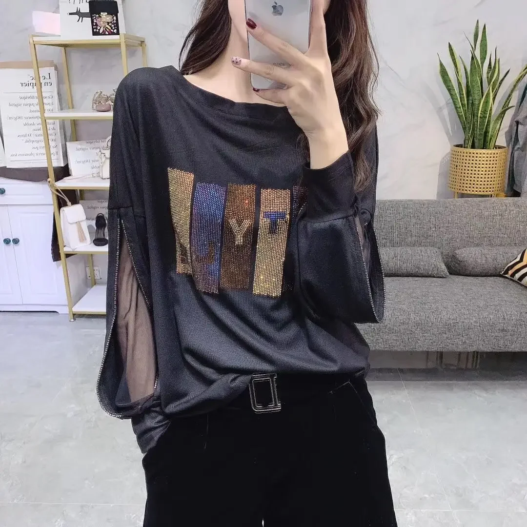 2023 Spring Autumn Long Sleeve T-shirt Fashion Trend Crewneck Pullovers Women Loose Large Size Casual Womens Tops Goth Clothes