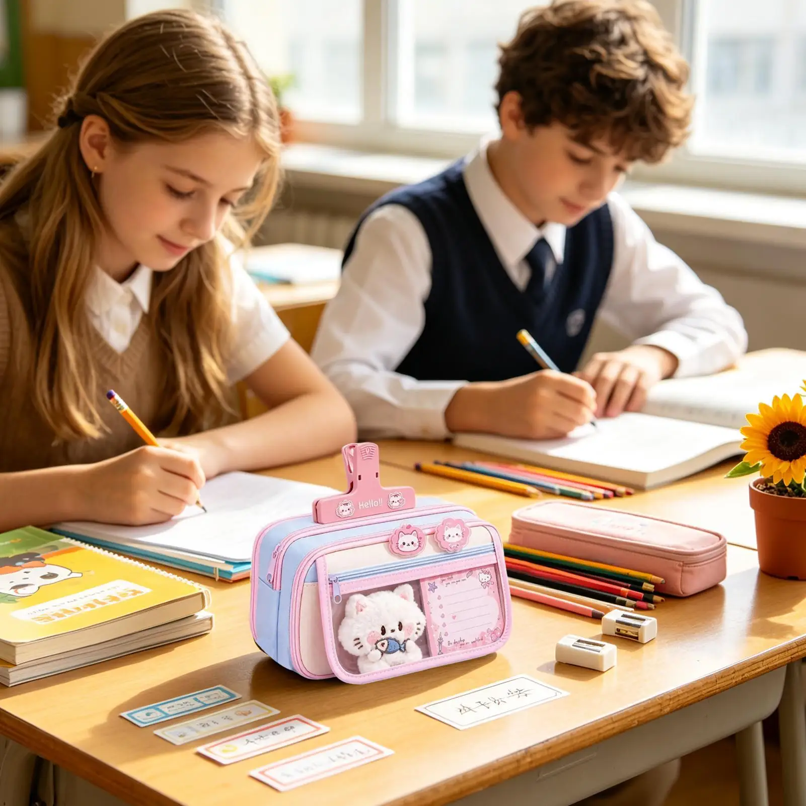 Cute Cat Stationery Set Zipper Pencil Case with Sticky Notes School Stuff Classroom Rewards for Students Classroom Home Desk