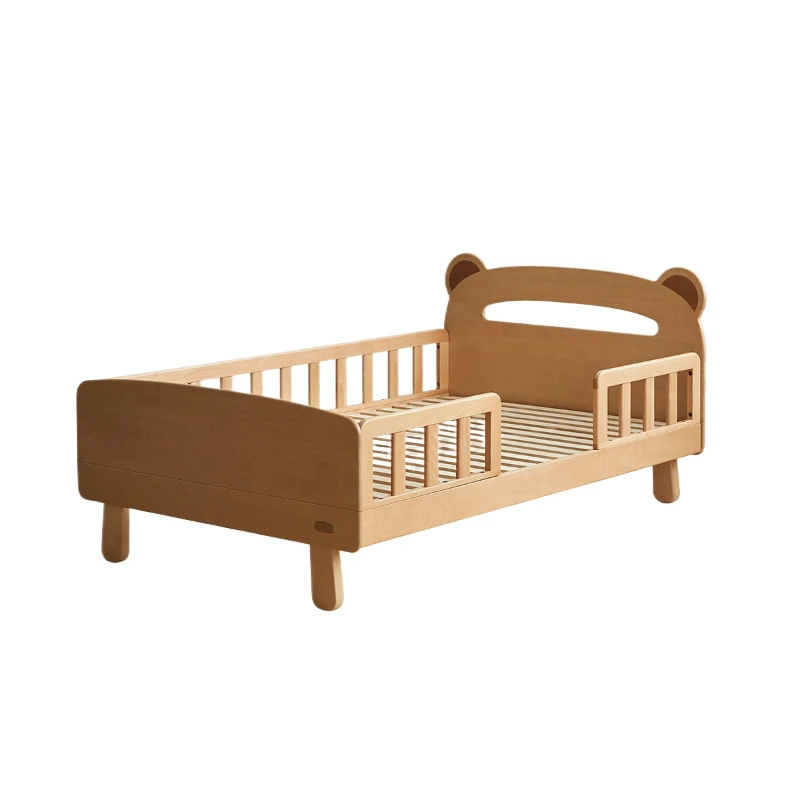 

Children's solid wood bed with guardrail splicing bed with night light cartoon single bed