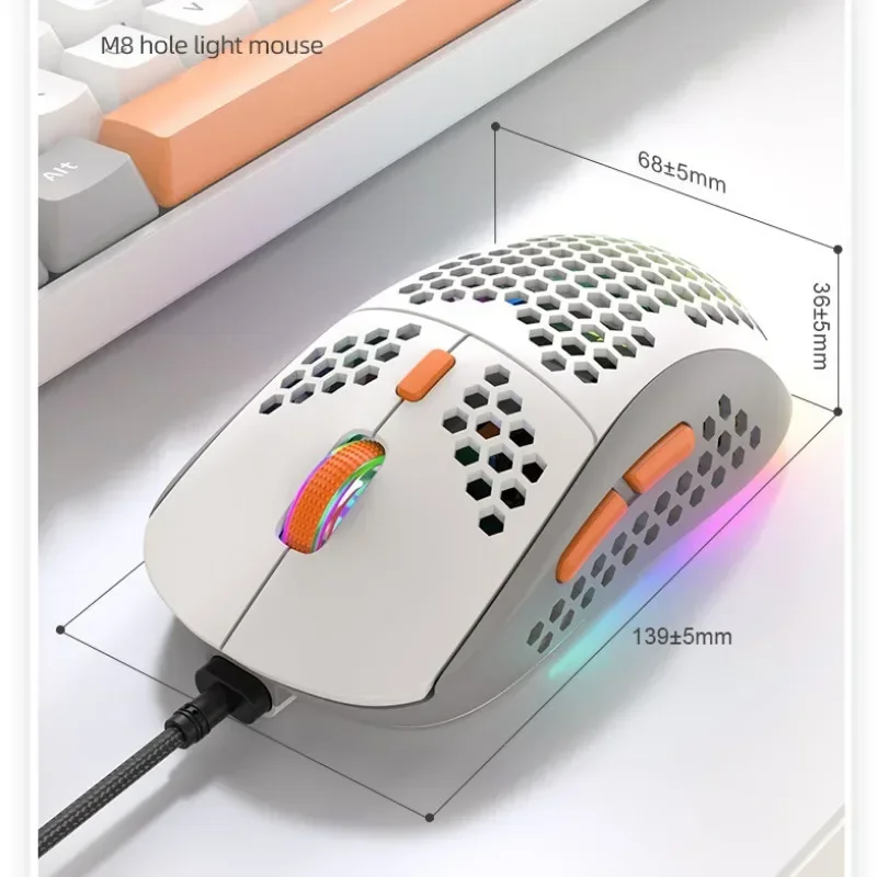 For M8 Ergonomic Gaming Mouse Cool Hollow Out Modeling Wired Mouse RGB Lighting Lightweight Mouse Color Matching Design