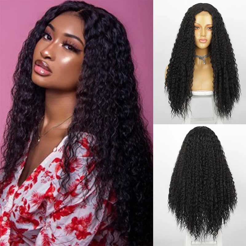 European and American women's wig, front , lace, middle parting, long hair, African highlights, small curly