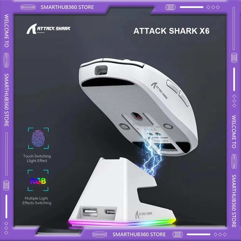 Attack Shark X6 PAW3395 Bluetooth Wireless Gaming Mouse 3 Mode Gaming Mouse 2.4G Wireless RGB Touch Magnetic Charging Base