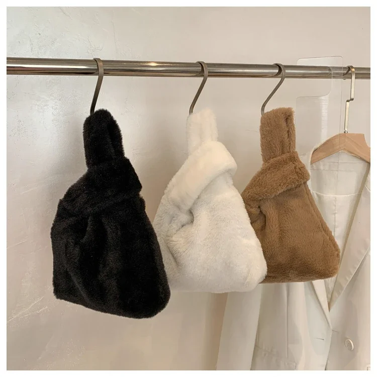 2024 New Winter Solid Color Underarm Bag Soft Plush Small Shoulder Bag Women's Warm Faux Fur Handbag Ladies Soft Hairy Tote Bags