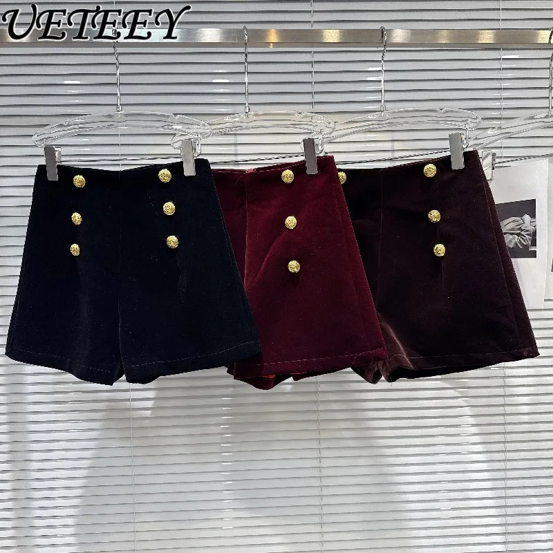 Short trois-quarts en tissu velours pour femme, pantalon court de luxe, Double rangée, boucle en métal, botte taille haute, nouvelle collection automne