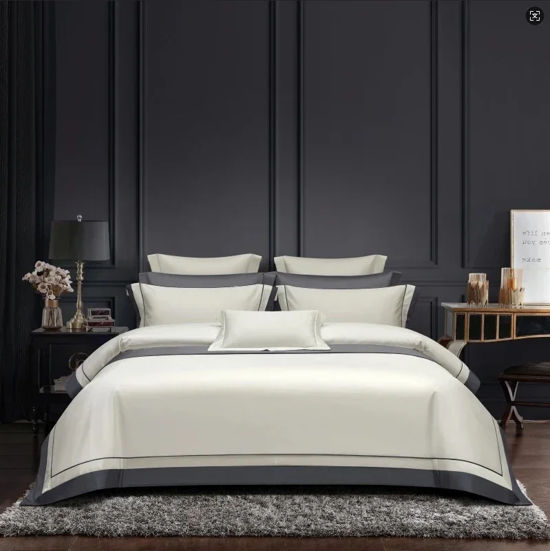 Luxury Long Staple Cotton Bedding 4/7Pcs, Sateen Weave Natural Super King Soft Chic Patchwork Duvet cover Bed Sheet Pillowcases