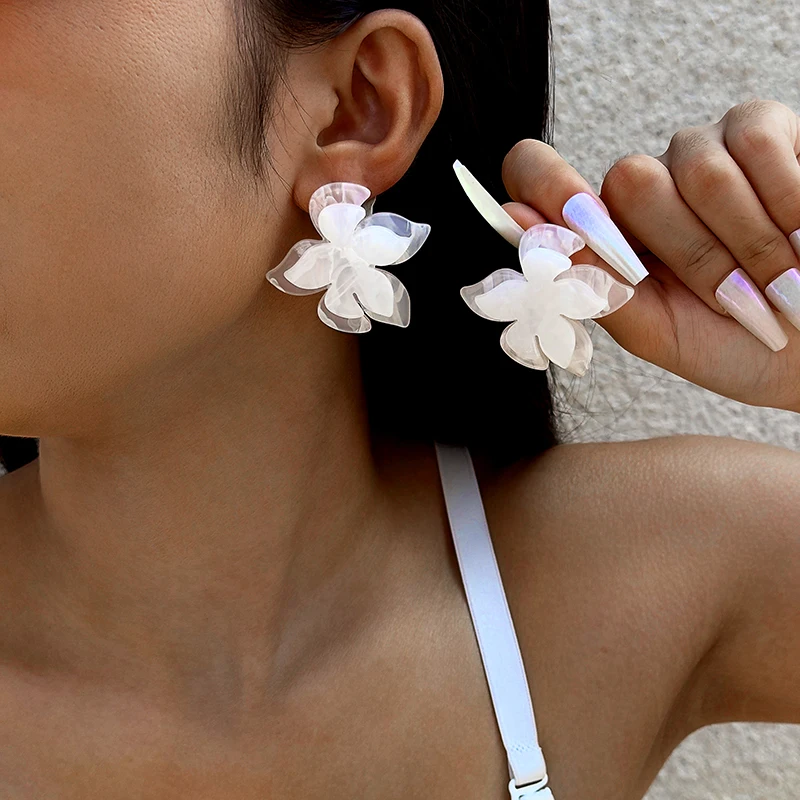 Tocona Korea Colorful Transparent Flower Stud Earrings for Women New Cute Sweet Acrylic Big Floral Earring Trendy Jewelry image 5