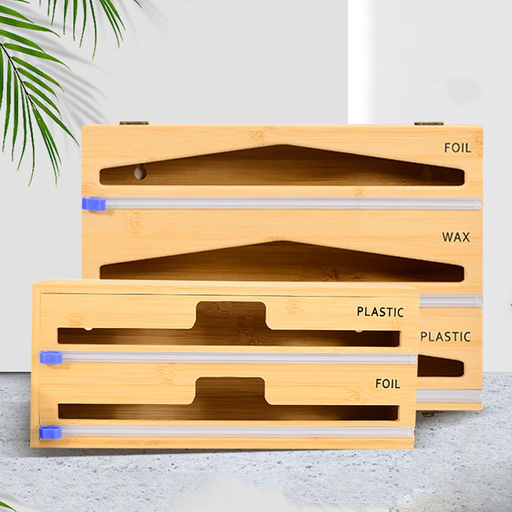 Bamboo Cling Film Cutting Box, Foil and Plastic Wrap Organizer with Cutter Dispenser, Kitchen Organization and Storage