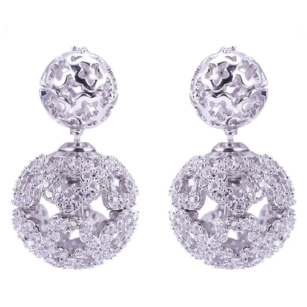 SENYU Luxury 16mm Hollow Ball Earring High Quality Paved Cubic Zirconia Reversible Double Ball Stud Earring Women Jewelri