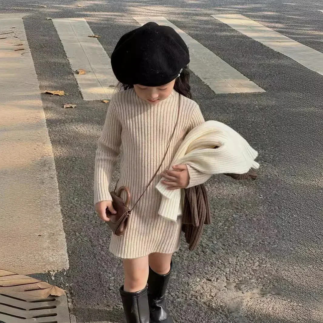 Girls Sweater Autumn and Winter New 2025 Children Pullover Korean Versatile Fashion Base Knitted Sweater Dress Trend