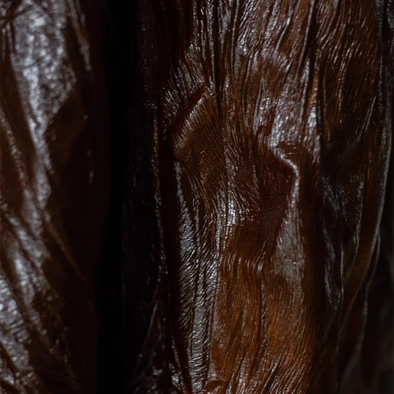 

Coffee Brown Waxed Leather Fabric Gradient Vertical Wrinkles Textured Crinkle Creative Fashion Euro Style Jacket Skirt Material