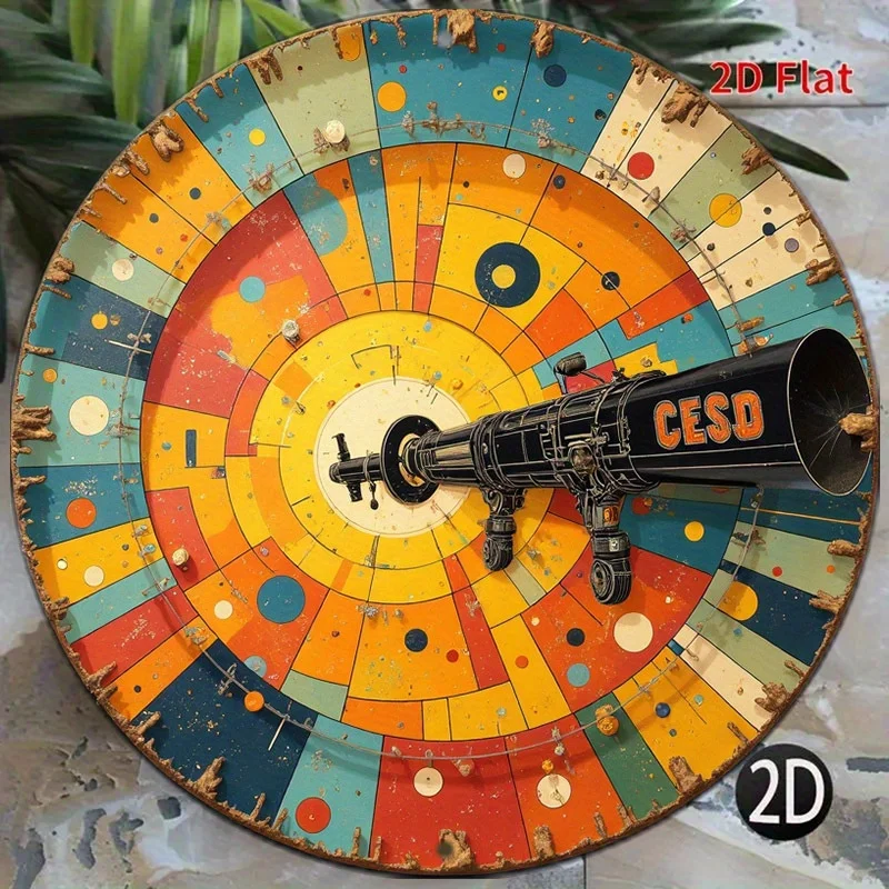 [2D Flat] Round Aluminum Wall Sign Featuring an 8-Inch Telescope on a Vibrant Target with Abstract Designs. Perfect As a Holiday