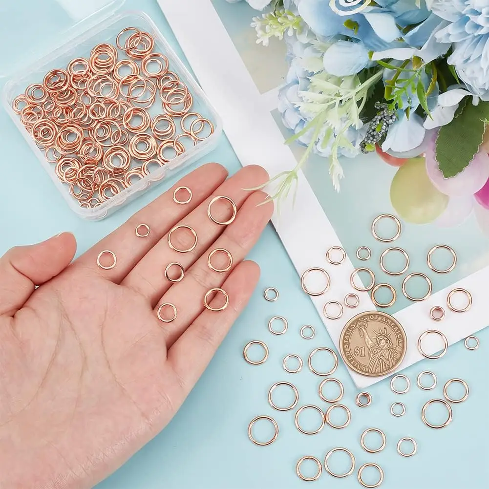 200pcs Closed Jump Rings 4Sizes Brass Jump Rings Rose Gold Closed O Rings 16~18 Gauge O Ring Connectors for Jewelry Making