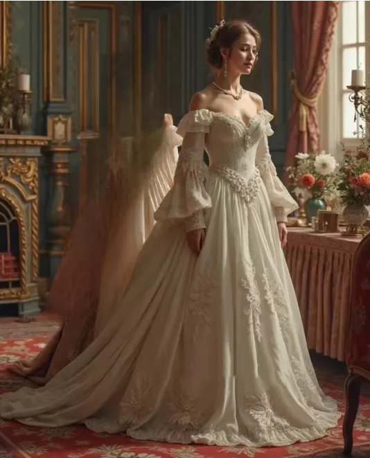 Vintage Victorian Wedding Dress Off Shoulder Long Sleeves Princess Bridal Gown Lace Appliques Corset Medieval Dress Customized