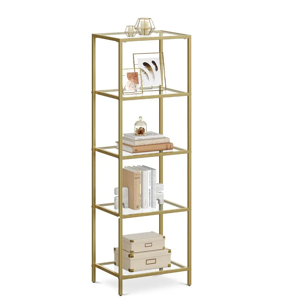 Estantería de Cristal de 5 Niveles, Librero, Expositor, Cristal Templado, para Salón, Dormitorio, Oficina, Dorado MLGT029A01
