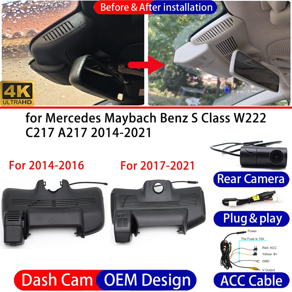 Dash Cam for Mercedes Maybach Benz S Class W222 C217 A217 2014-2021 Front＆Rear 4K UHD DVR Dashboard Camera Video Drive Recorder