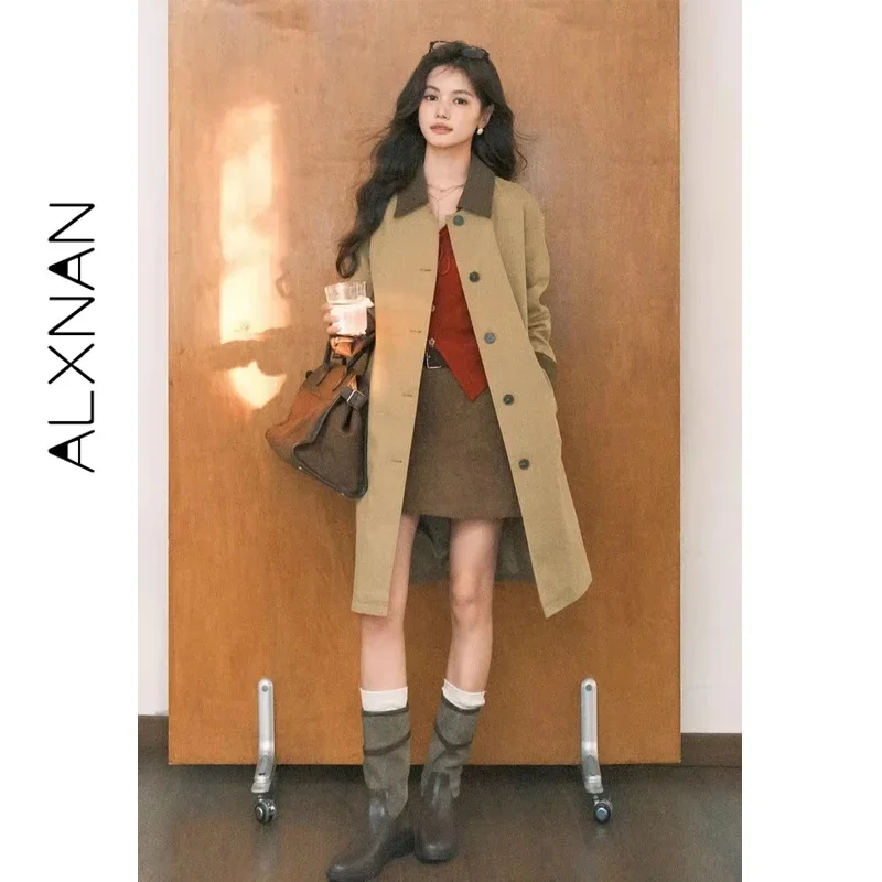 

ALXNAN Большие размеры Тренчи женские цвета хаки с отложным воротником и панелями, однобортная длинная верхняя одежда, осенние универсальные куртки D57811