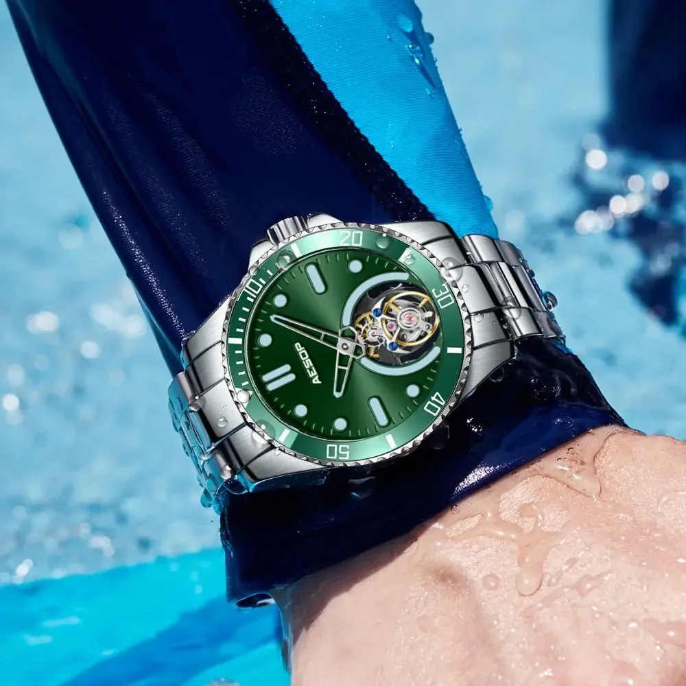 ايسوب توربيون ساعات رجالية شبح الماء الأخضر الياقوت 316L حزام الفولاذ المقاوم للصدأ الذكور ساعات المعصم الميكانيكية موضة فاخرة