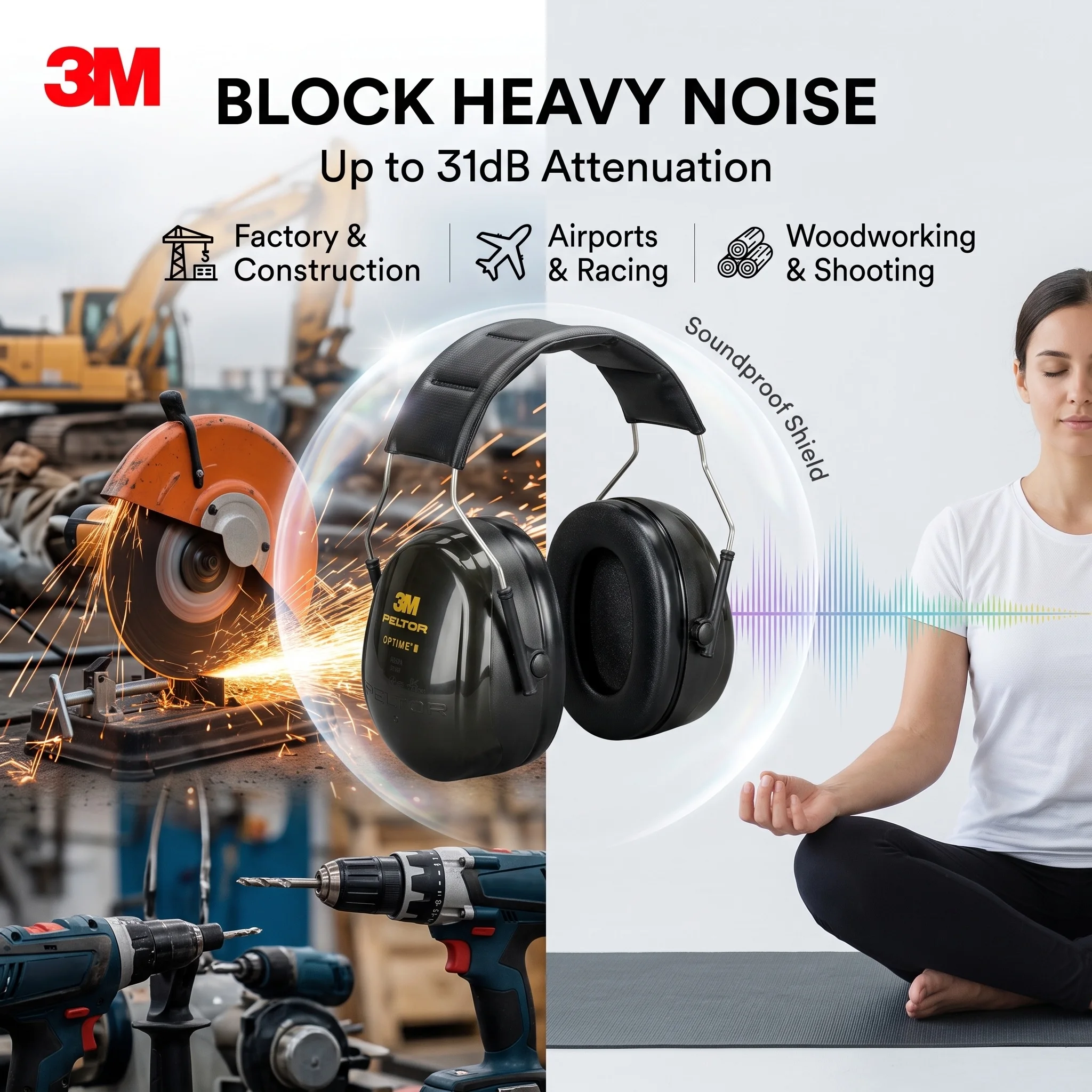 3M PELTOR H520A Headband Noise Reduction Ear Muffs Industrial Hearing Protection Ear Defenders Safety Ear Protection