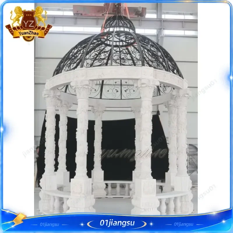 Luxury Round Marble Gazebo Outdoor Garden Decoration Iron Top Pavilion Wood Stone Frame Pergola Arch Arbour Patio Yard Decor
