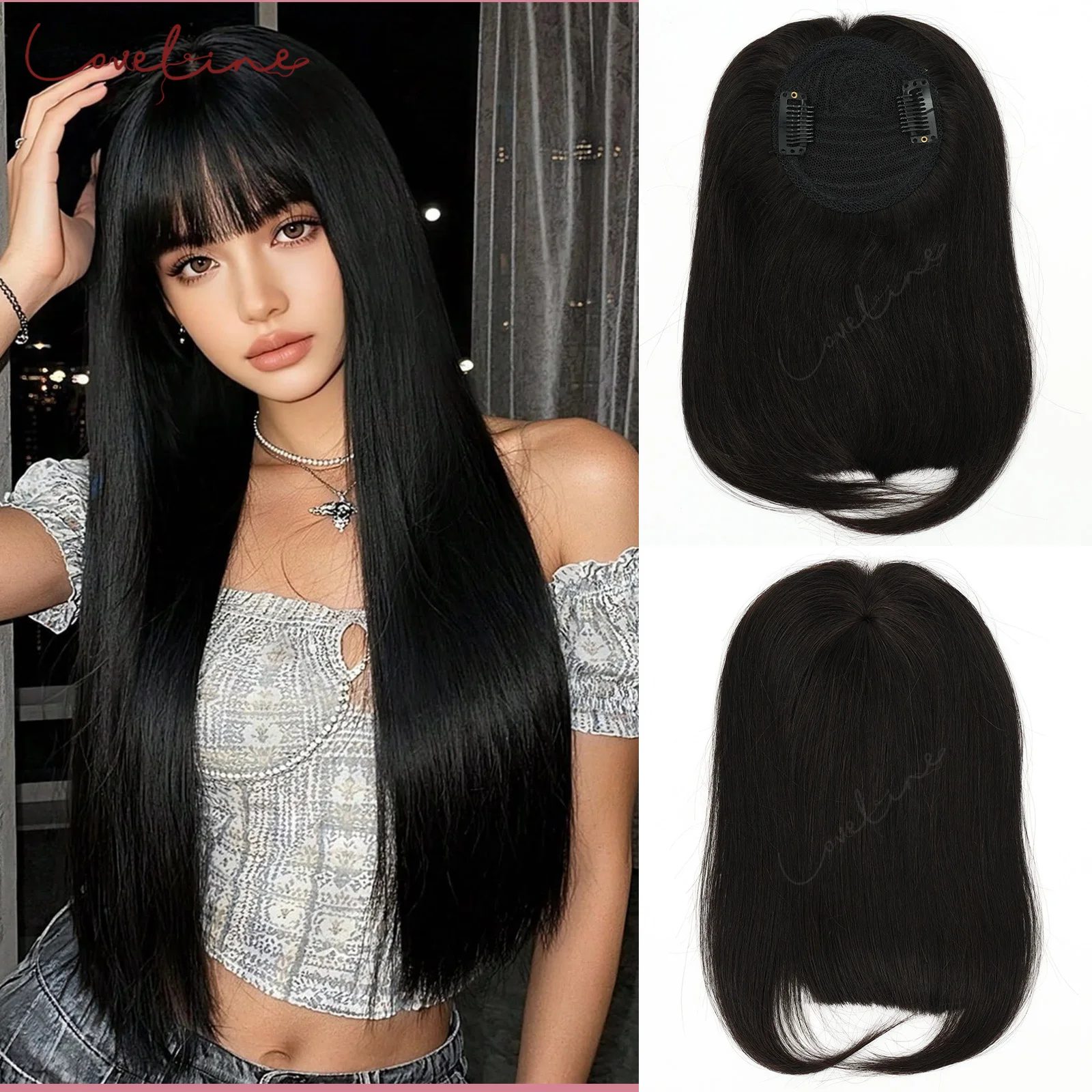 100%Real Human Hair Clip In Bang Curtain Fringe With Temple Lace Base Forehead Topper Hair Extension For Women Natural Hairpiece