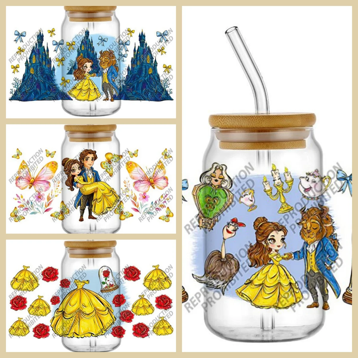 Alta Calidad ‌ Vinilo Adhesivo 3D de La Bella y la Bestia para Latas Libbey de 16oz, DIY para Teléfonos y Tazas, Lavable, Diseño de Dibujos Animados, Envoltura UV DTF para Vasos