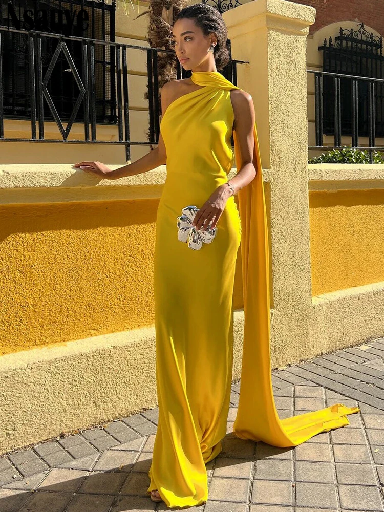 Nsauye新作ファッションサテンエレガントリボン付きネックハンギングフィッシュテールドレス レディースロングセクシーイブニングパーティーシックレディースクラブドレス2025