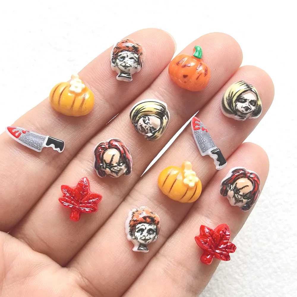 50 Stück 4-14MM Strass-Verzierte Harz-Halloween-Kürbis-Grimassen Nagelkunst-Zubehör Charms für DIY-Maniküre Nageldekoration – Detail 1