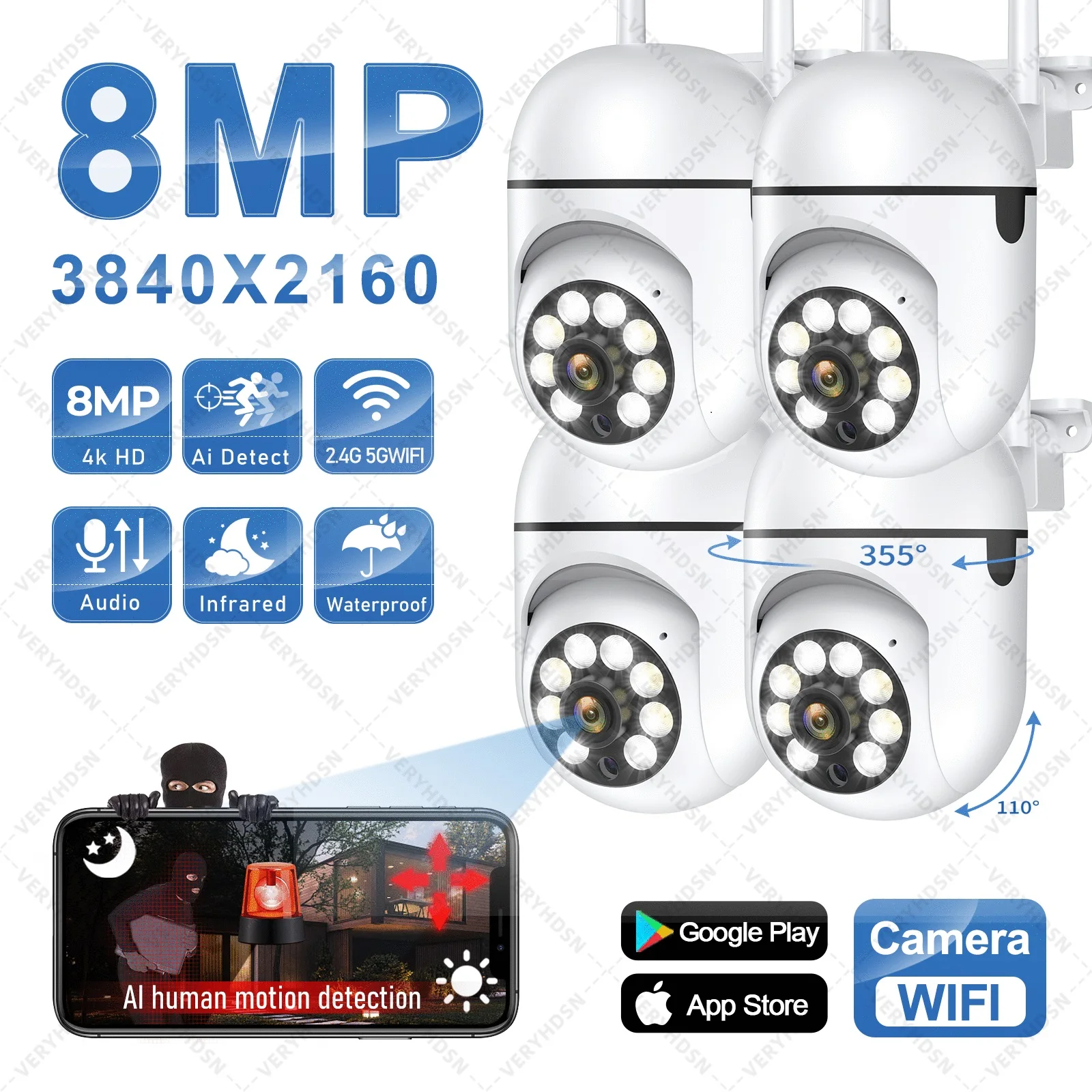 8MP Wireless Security Surveillance PTZ Camera Wifi IP Outdoor 4X Zoom Cameras AI Human Tracking Two-way Audio HD Night Color Cam