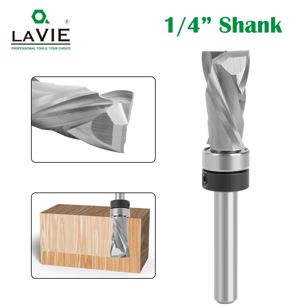 

LAVIE Bearing Ultra-Performance Compression Flush Trim Solid Carbide CNC Router Bit for Woodworking End Mill 1/4 Inch Shank