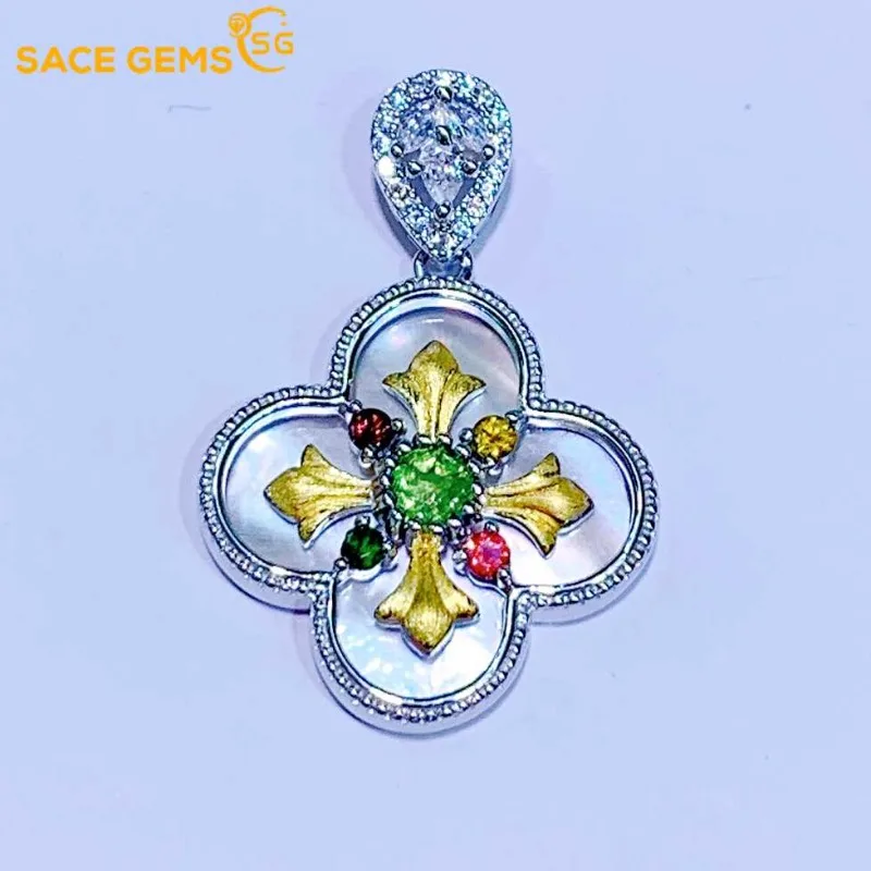 

SACE GEMS Luxury Pendant for Women S925 Sterling Silver 4mm Natural Tourmaline Pendant Necklace Wedding Party Fine Jewelry Gifts