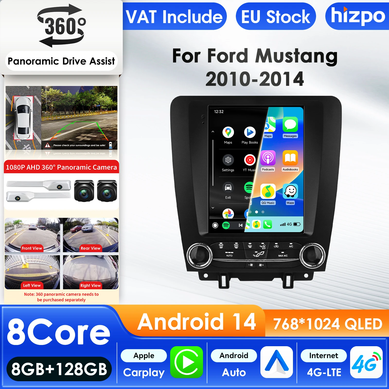 Hizpo Android 14 autoradio pour Ford Mustang 2010 - 2014 lecteur multimédia Audio CarPlay Android Auto GPS BT 4F WIFI Autoradio AI