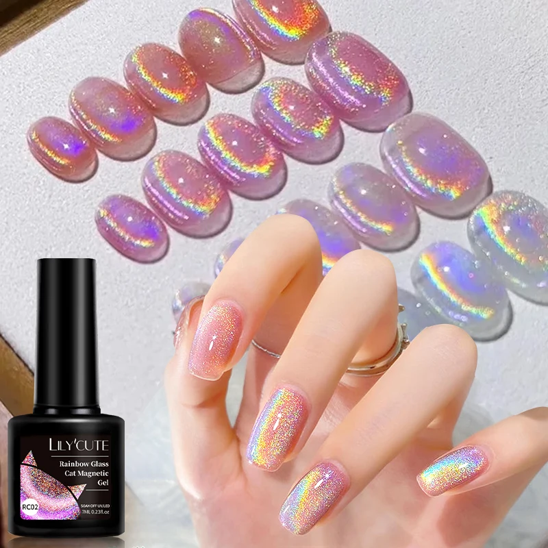 Lilycute 7ml 9d arco-íris vidro gato gel magnético unha polonês brilhando colorido brilho-luz semi permanente uv arte do prego verniz em gel