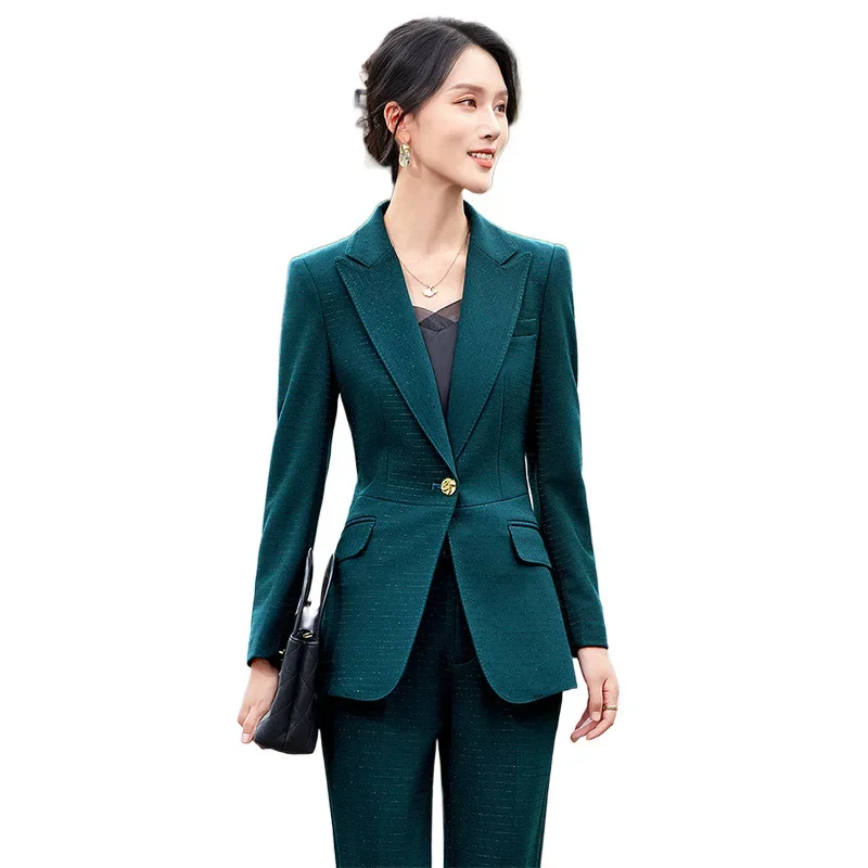 Pop Office Ladies Formal Pant Suit 2 Piece Set Women Blue Green Red Female Long Sleeve Business Work Wear Blazer Jacket And Trou