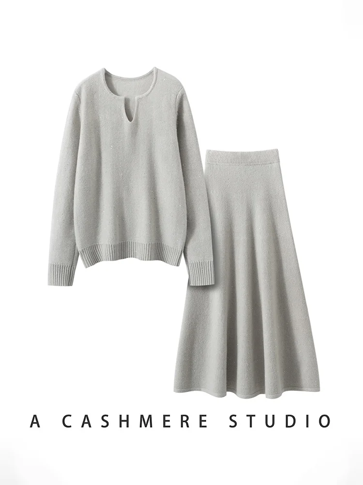 

Chic Luxury Sequins Sweater Set Autumn Winter V-neck Pullover A Line Skirt Two Piece Women's Suit 100% Cashmere Soft Knitwear