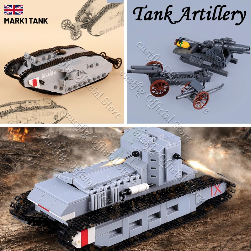 WW1 Military British Tank Artillery Scene Building Blocks Army Soldier Figures Cannon Carriage Howitzer MOC Model Bricks Boy Toy
