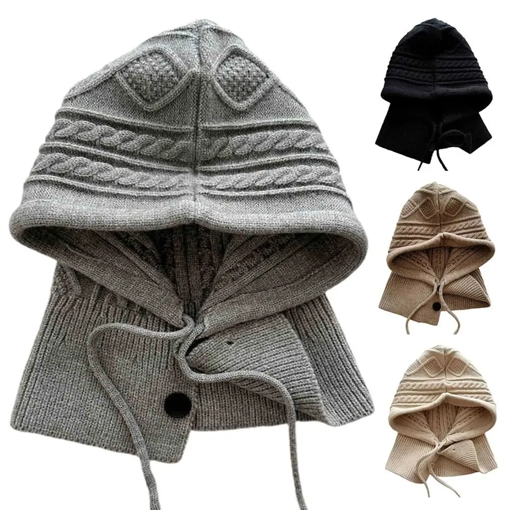 New Knitting Wool Winter Balaclava Hat One-Piece Ear Protection Neck Warmer Pullover Hat Thicken Windproof Drawstring Hat