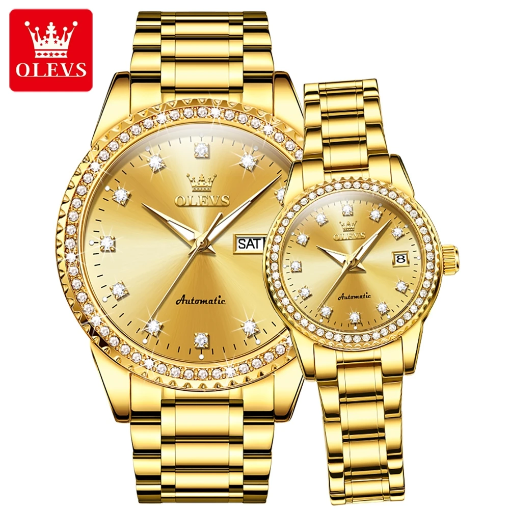 OLEVS часы для пар, лучший бренд, роскошные модные оригинальные автоматические механические наручные часы из нержавеющей стали, водонепроницаемые светящиеся дата