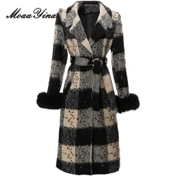 MoaaYina Winter Fashion Designer Vintage Striped Blends Coat Women's Lapel Velvet Frenulum Gathered Waist Slim Long Blends Coat