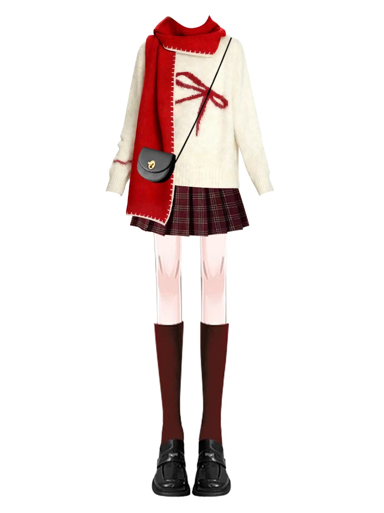 Dolce fiocco con nodo maglione gonna a pieghe scozzese college Sle Set inverno Faion donna lavorata a maglia rotonda Ne in due pezzi