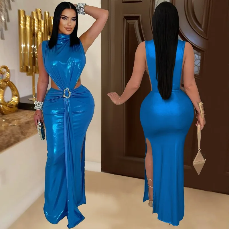 Leosoxs Women Gilding Sleeveless Cutout Bodycon Maxi Long Dress 2025 Summer Beach Vacation Party Birthday Sexy Dresses