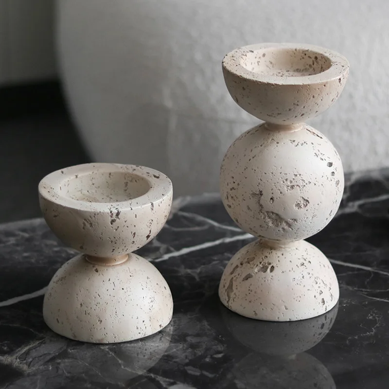 Wabi Sand Wind Imitation Marble Yellow Travertine Candle Holder Creative Ornament Model Room Hotel Dining Table Candle Holder Ar