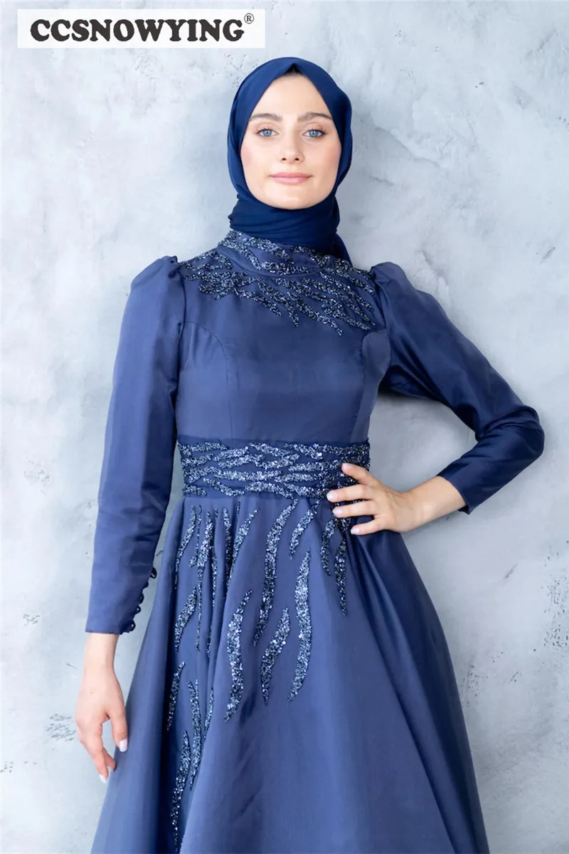 Apliques frisados manga longa hijab vestido de noite uma linha muçulmano formal vestidos de festa alta pescoço árabe dubai vestes islâmicas de soirée