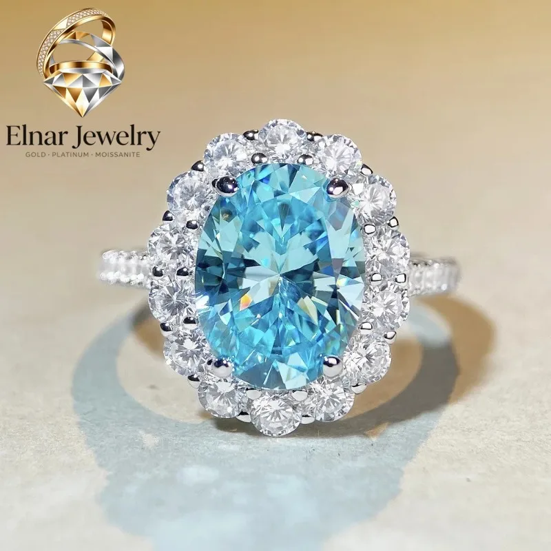 

Elnar Jewelry Luxury Solid Platinum PT950 Women's Flower-shaped Full Diamond Aquamarine Moissanite Ring Banquet Pigeon Egg Ring
