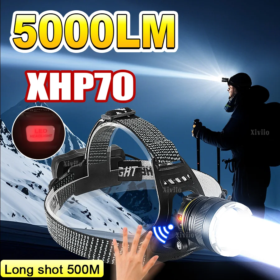 5000LM XHP70 Powerful LED Headlamp Long Range 2*18650 Headlight Rechargeable Head Flashlight High Power HeadLamp Fishing Light