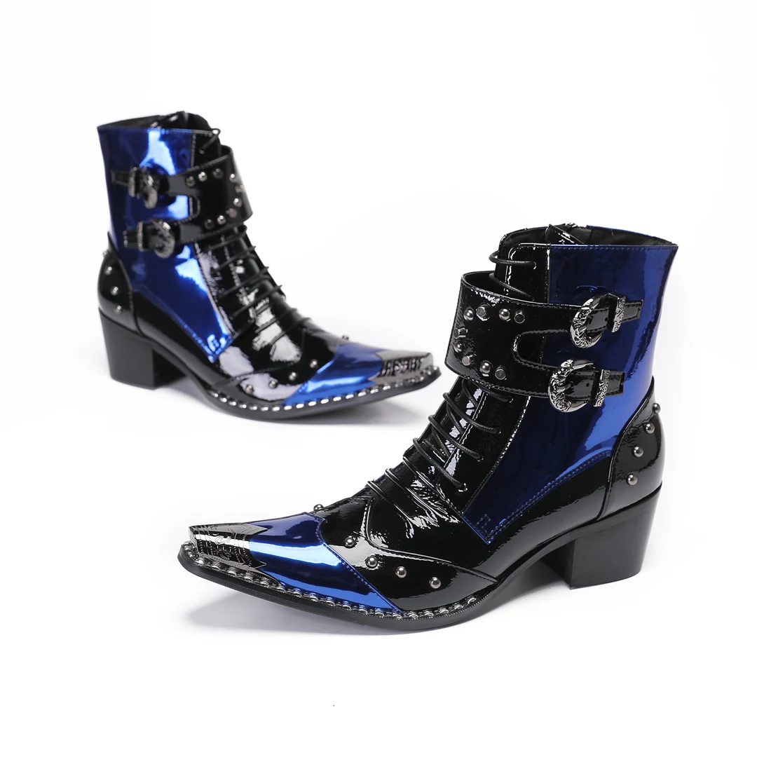 Black Blue Patchwork Patent Leather Men Short Boots Fashion Party Dress Boot Business Office Ankle Boot Plus Size Cowboy Boots