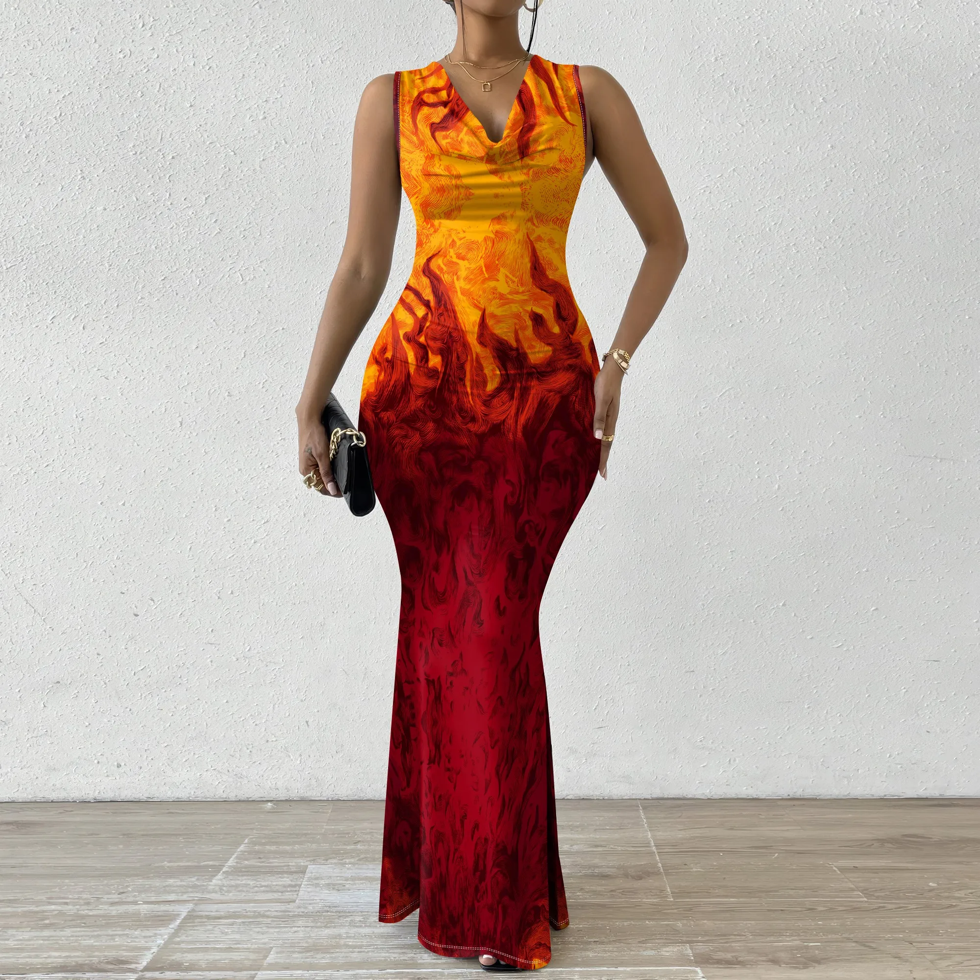 

Red Yellow Flame Print Maxi Dress XS‑2XL Sleeveless V‑Neck Bodycon Style for Nightclub, Party or Bold Fashion Look